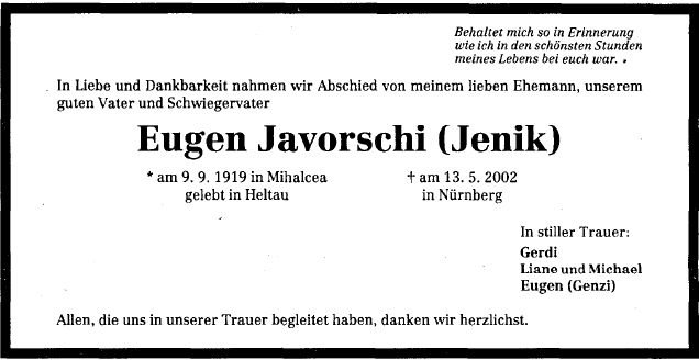 Javorschi Eugen 1919-2002 Todesanzeige